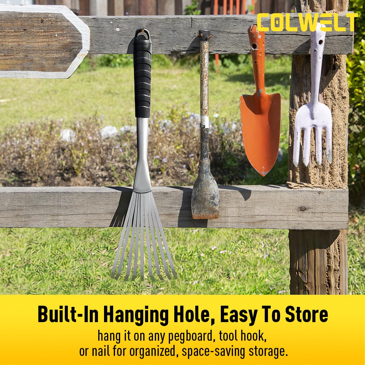 Colwelt garden rake with textured handle provides secure grip in wet conditions.