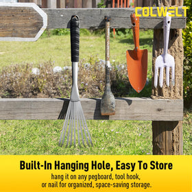 Colwelt garden rake with textured handle provides secure grip in wet conditions.