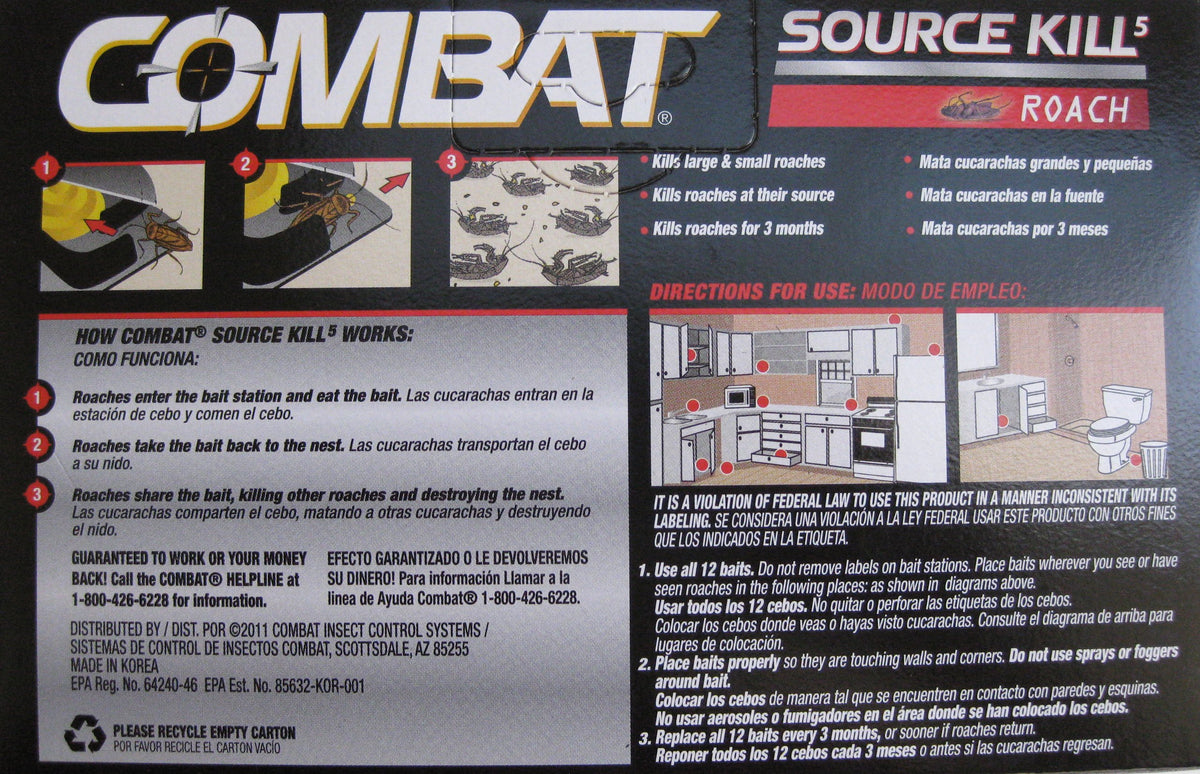 Close-up of Combat bait stations being placed along a kitchen edge for roach interception