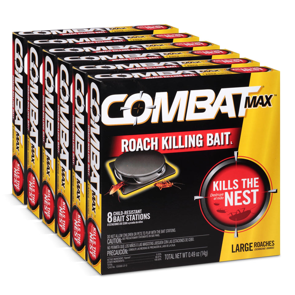 Combat Max large roach bait station close-up showing bait inside.