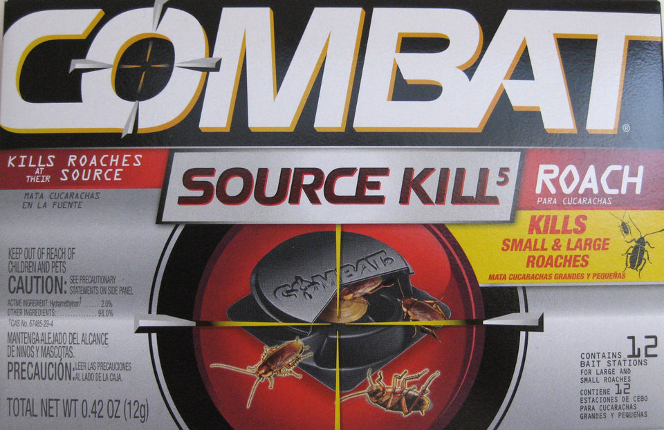 Combat Source Kill 5 bait stations pack shown for roach targeting at the source
