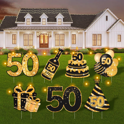 ComboJoy 50th birthday signs with stakes and LED lights for outdoor display.