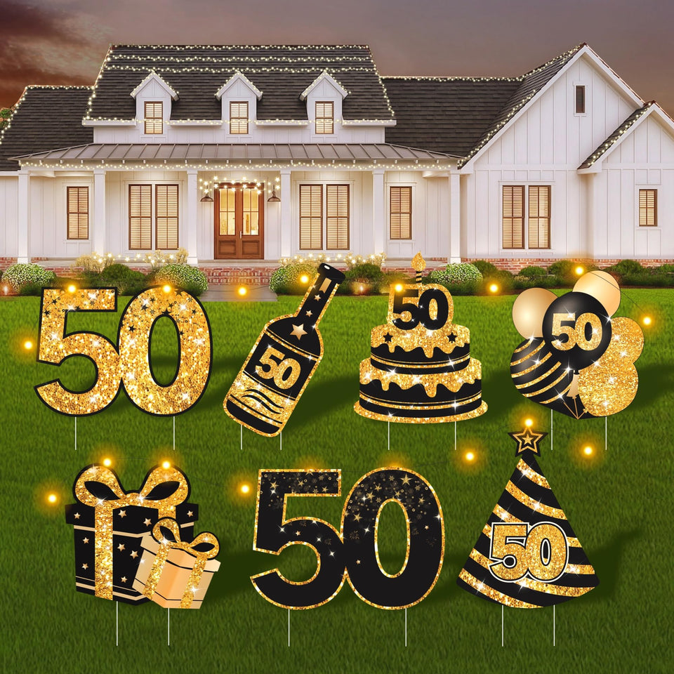 ComboJoy 50th birthday signs with stakes and LED lights for outdoor display.