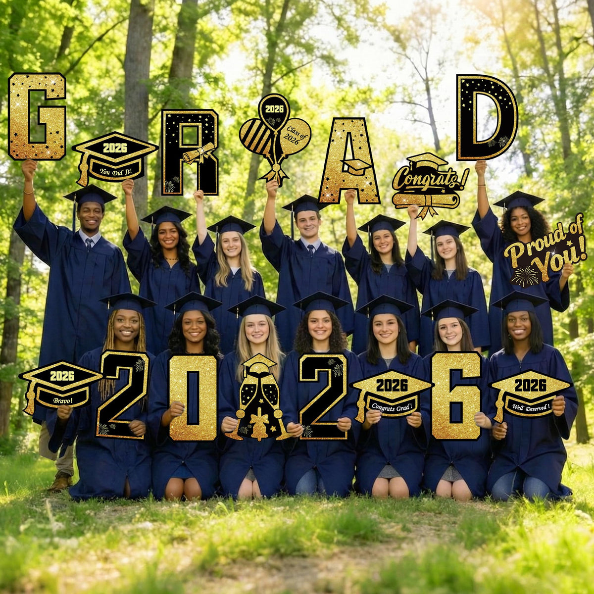 ComboJoy graduation signs with stakes ensure stable outdoor use.