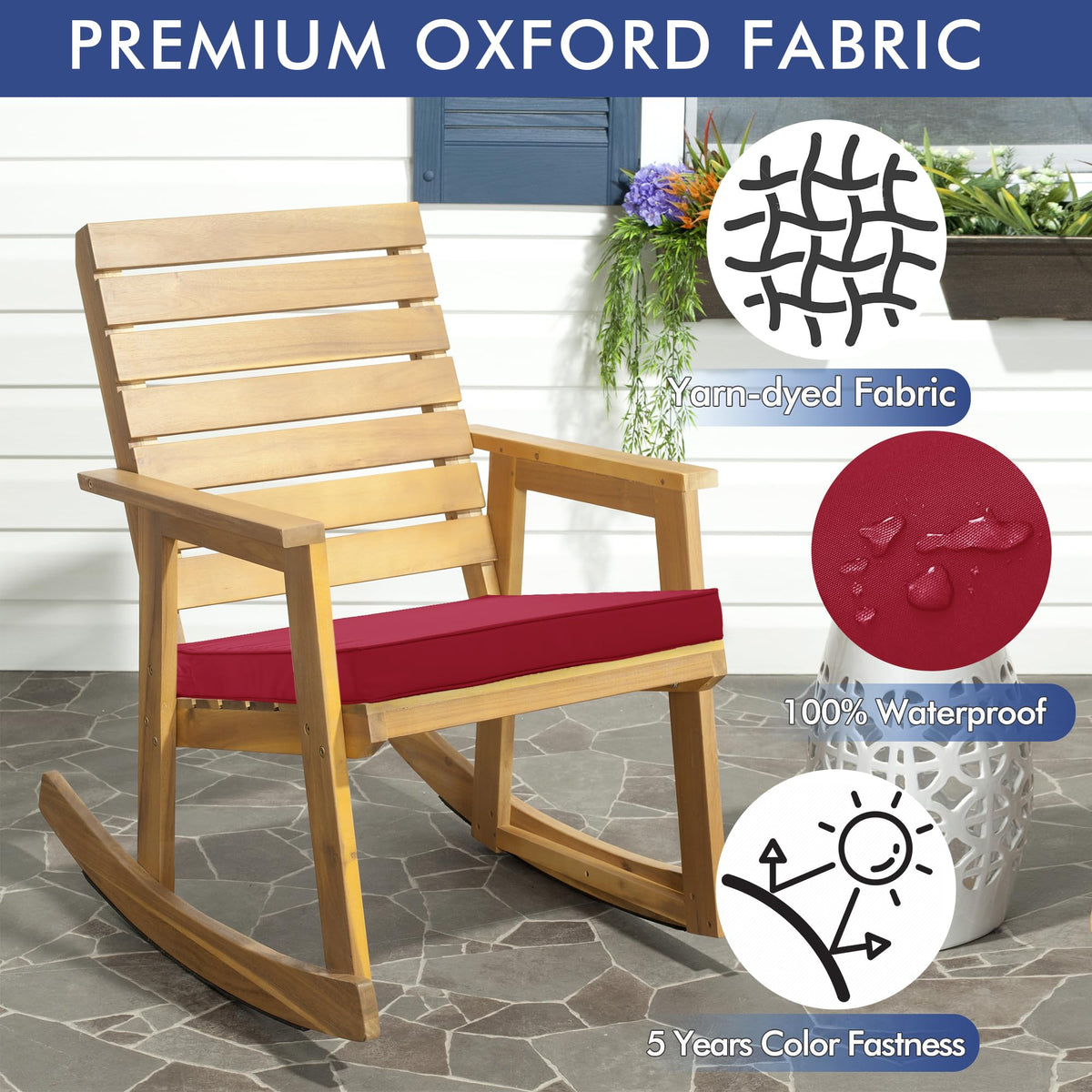 Comcaver burgundy red patio cushions add color and comfort to outdoor areas.