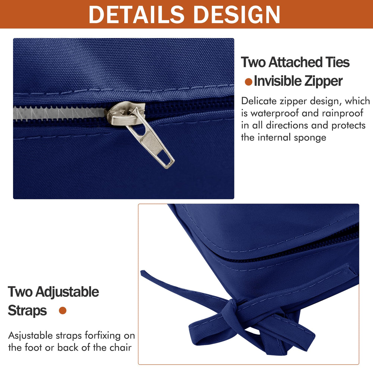 Comcaver navy cushion in 18.5x16x3 inches fits larger chairs.