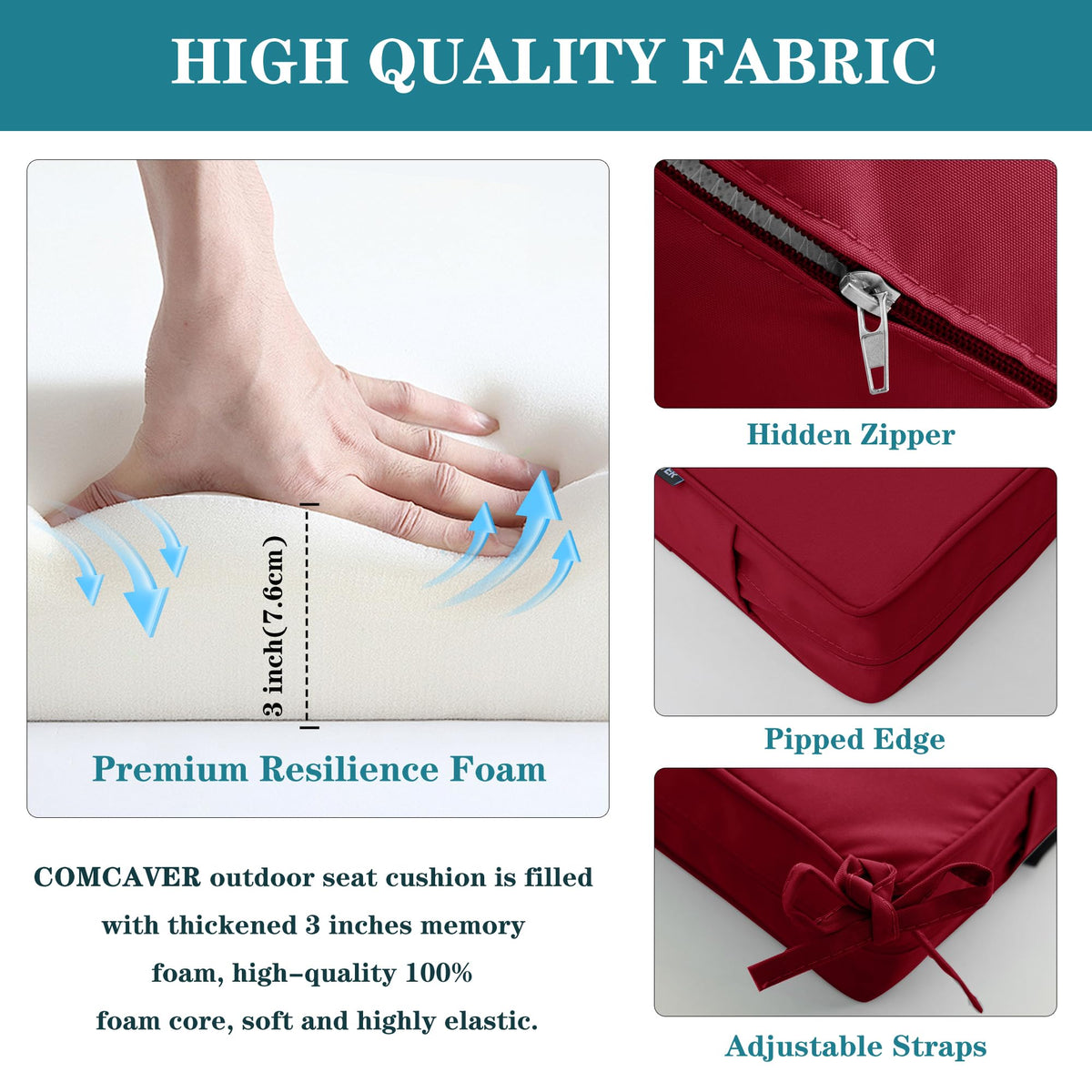 Comcaver UV colorfast fabric cushion preserves vibrant burgundy under sun.