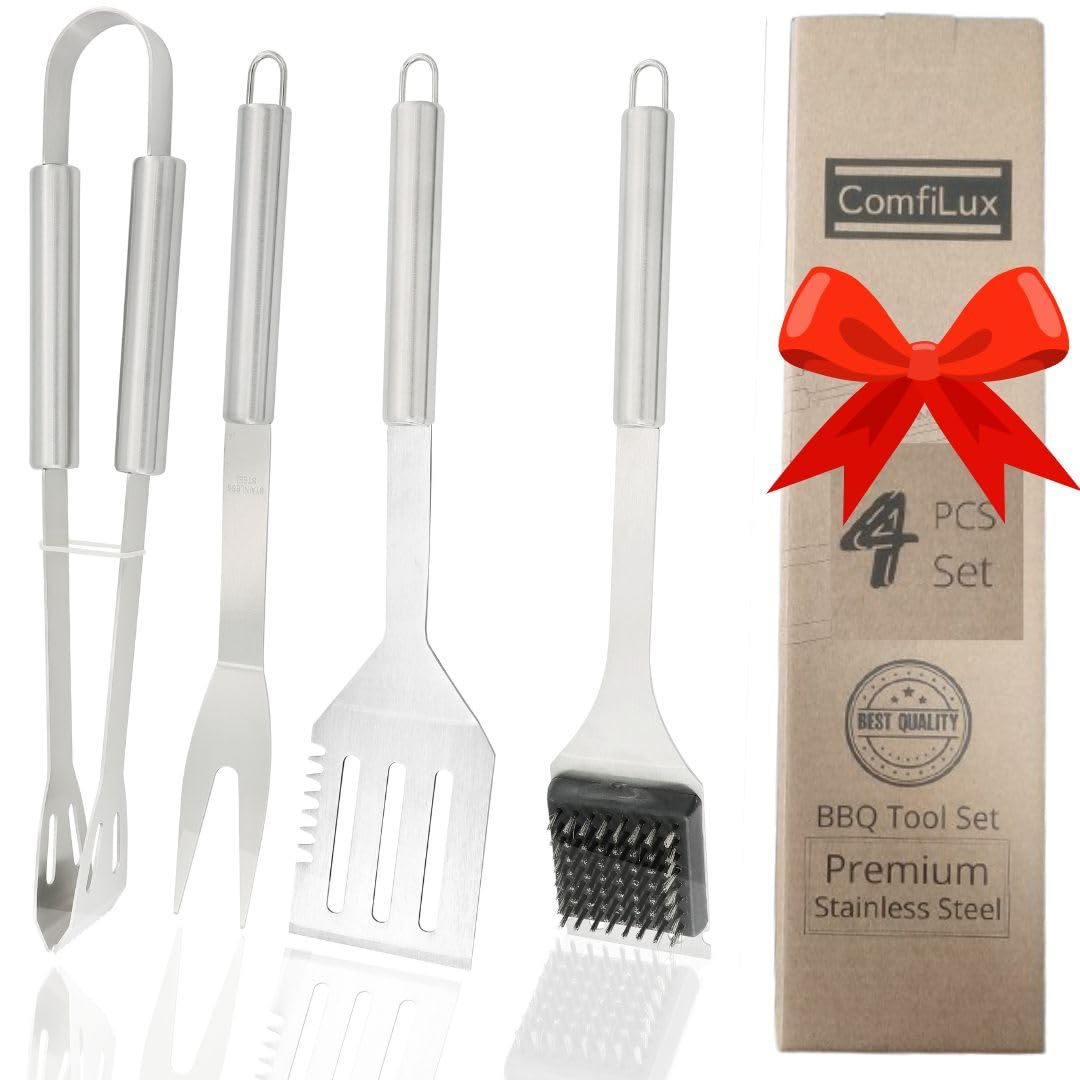 Comfilux stainless steel BBQ spatula with grease draining for healthier grilling