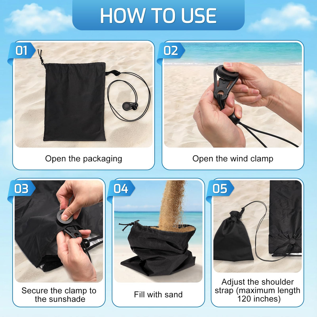 ComfyKit tie-down cords 120 inches reach for larger beach layouts.