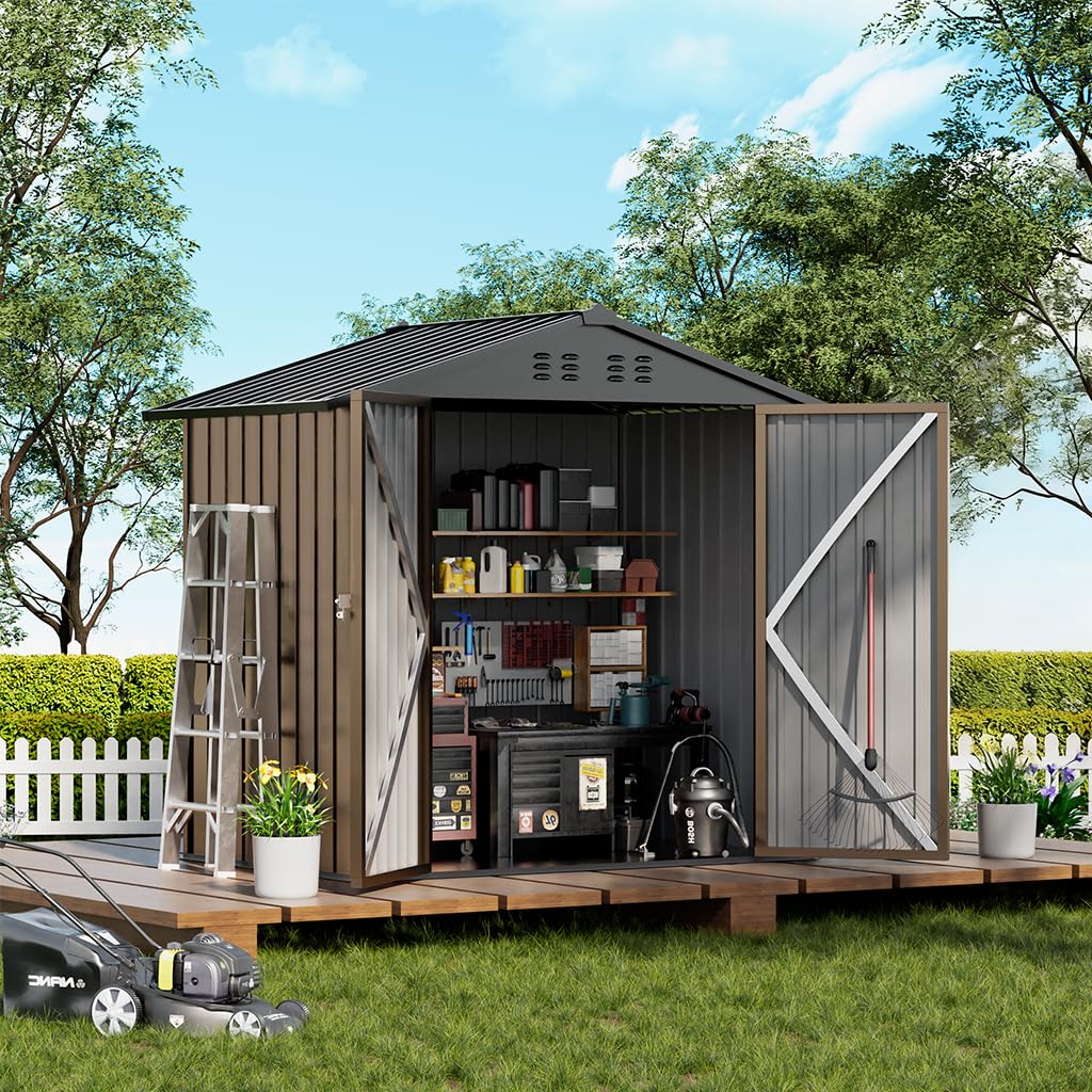 COMHOMA Shed brown front view showing durable steel exterior for yard storage