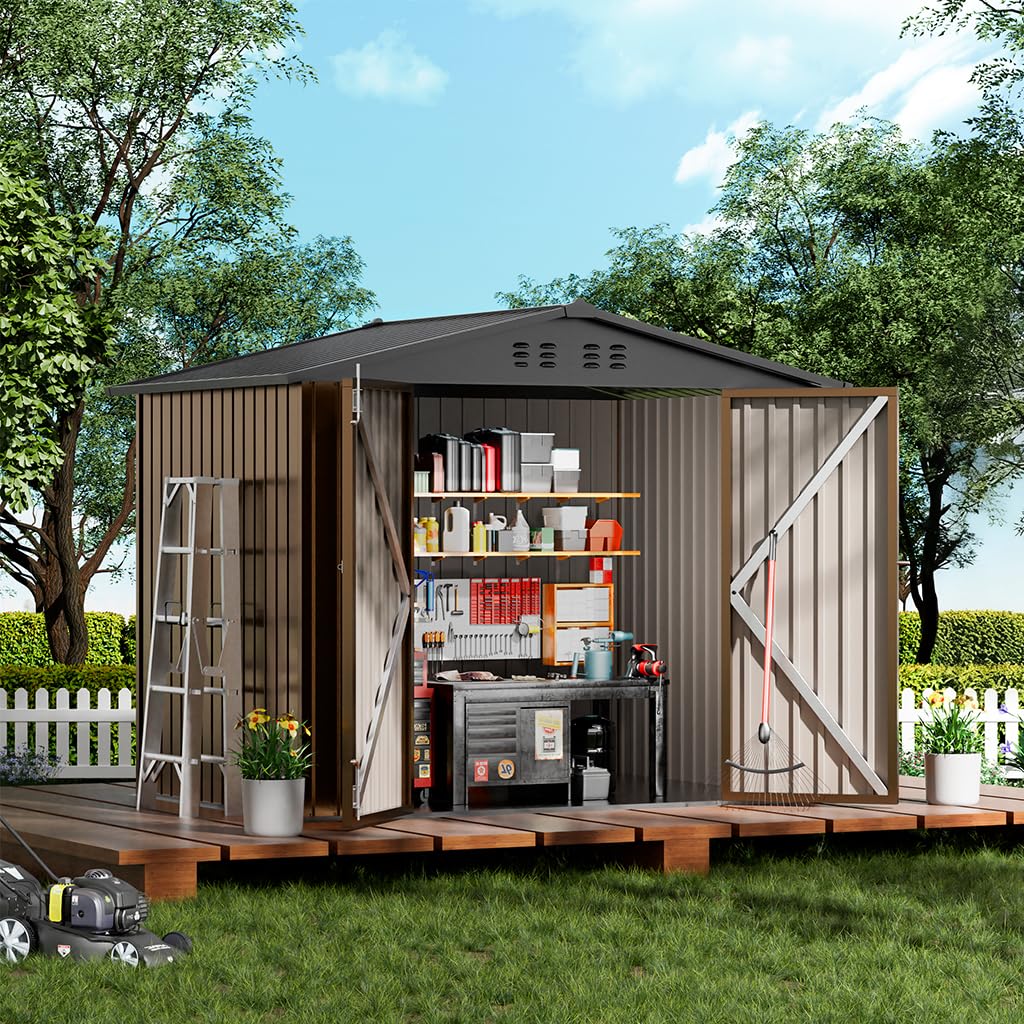 COMHOMA shed exterior in brown metal with a durable powder-coated finish for all-weather use