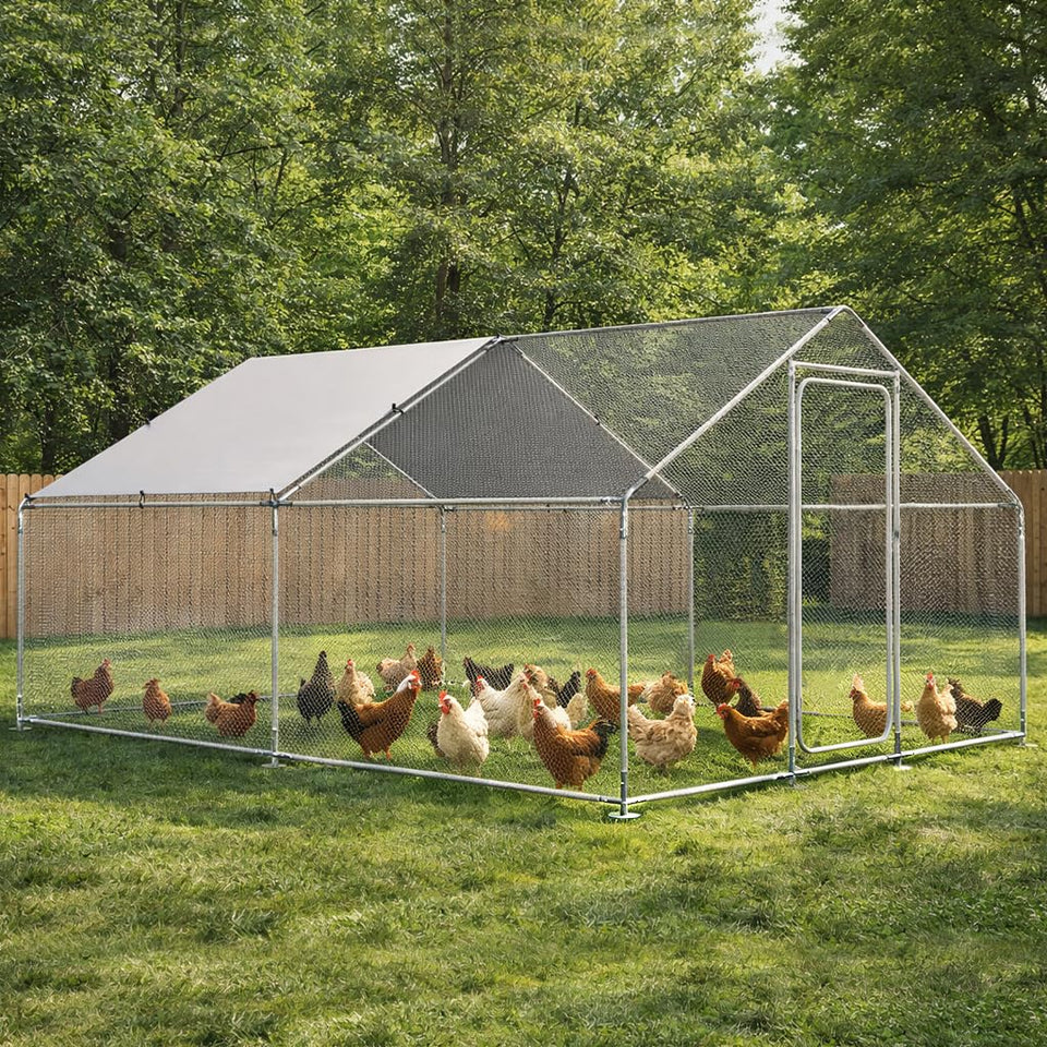 COMHOMA Walk-in chicken coop with steel frame for durable, easy access.