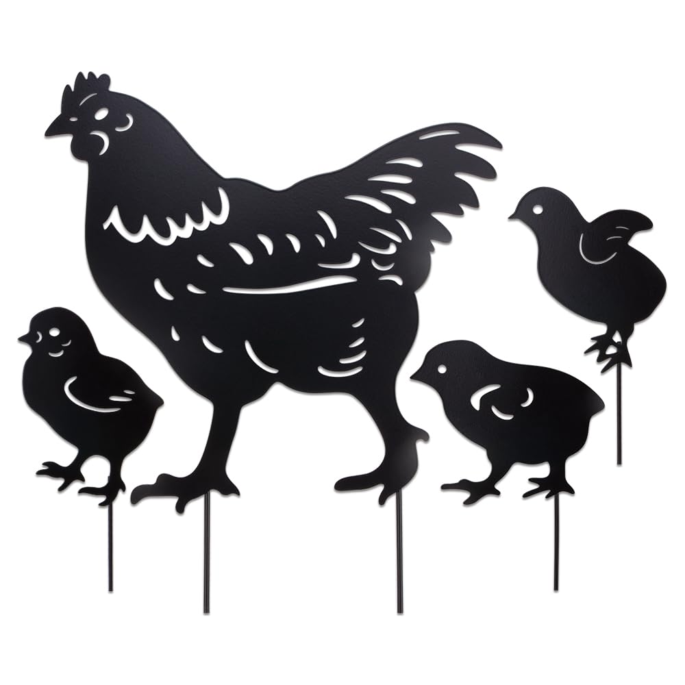 Comidox chicken family silhouette metal statue adds garden charm and curb appeal.
