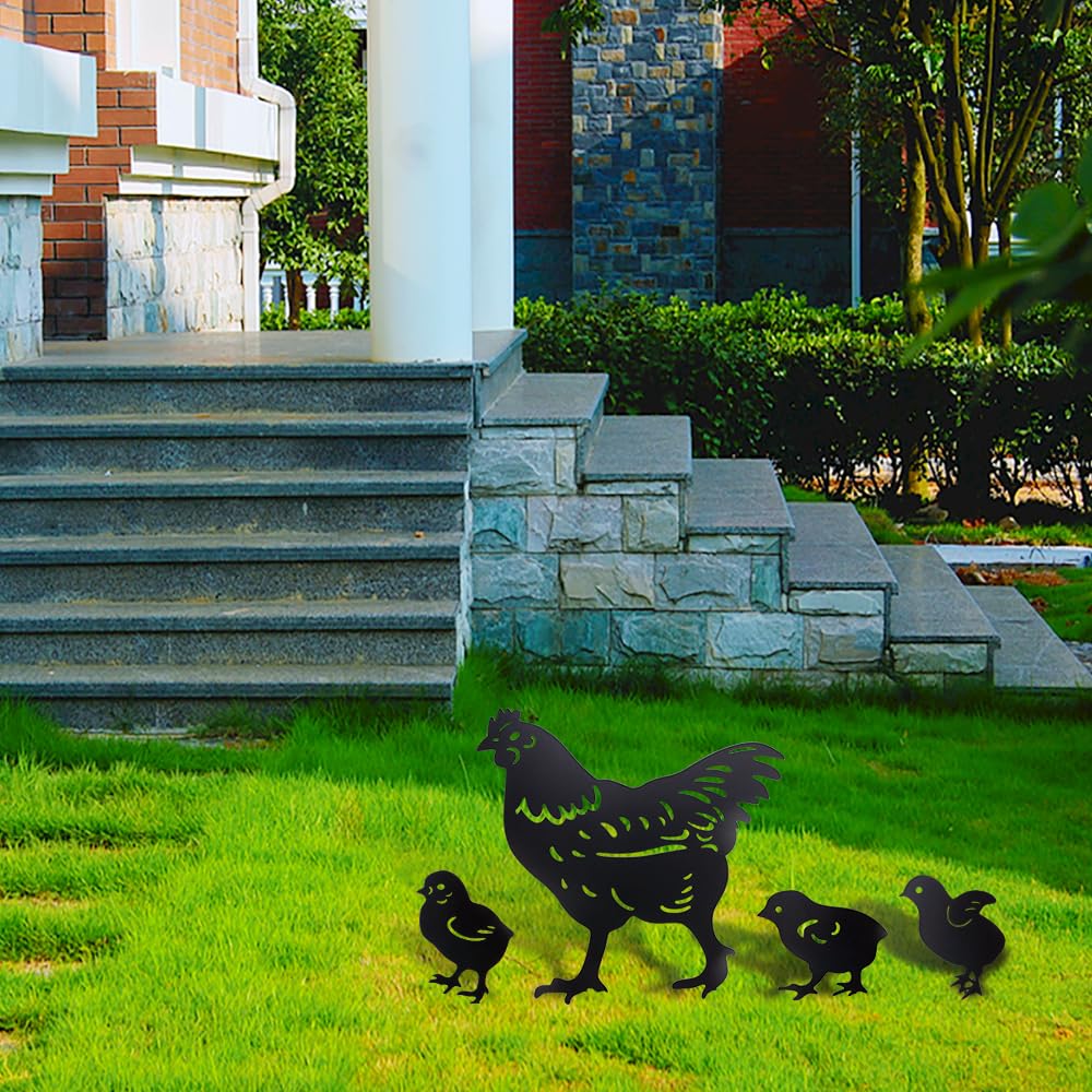 Comidox hen and chicks silhouette yard art creates whimsy in flower beds.