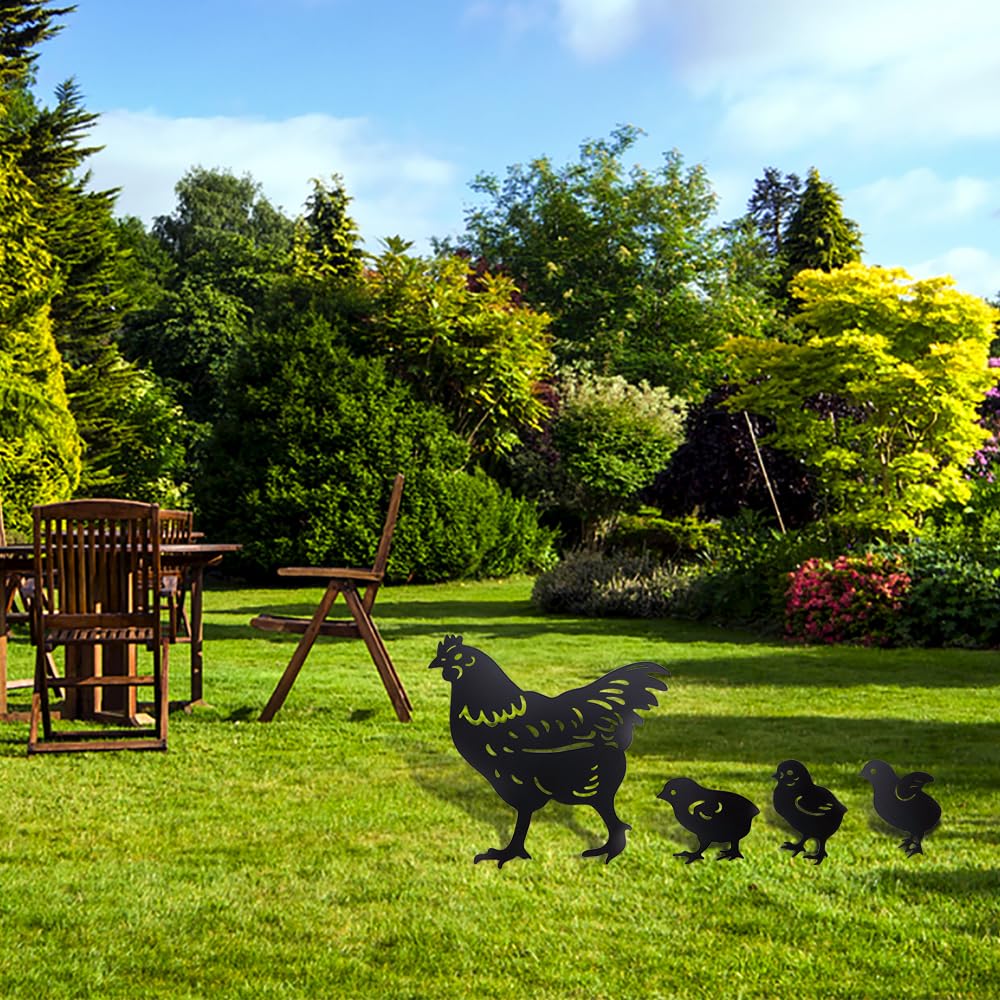 Comidox metal garden chicken figures endure outdoor conditions and brighten yards.