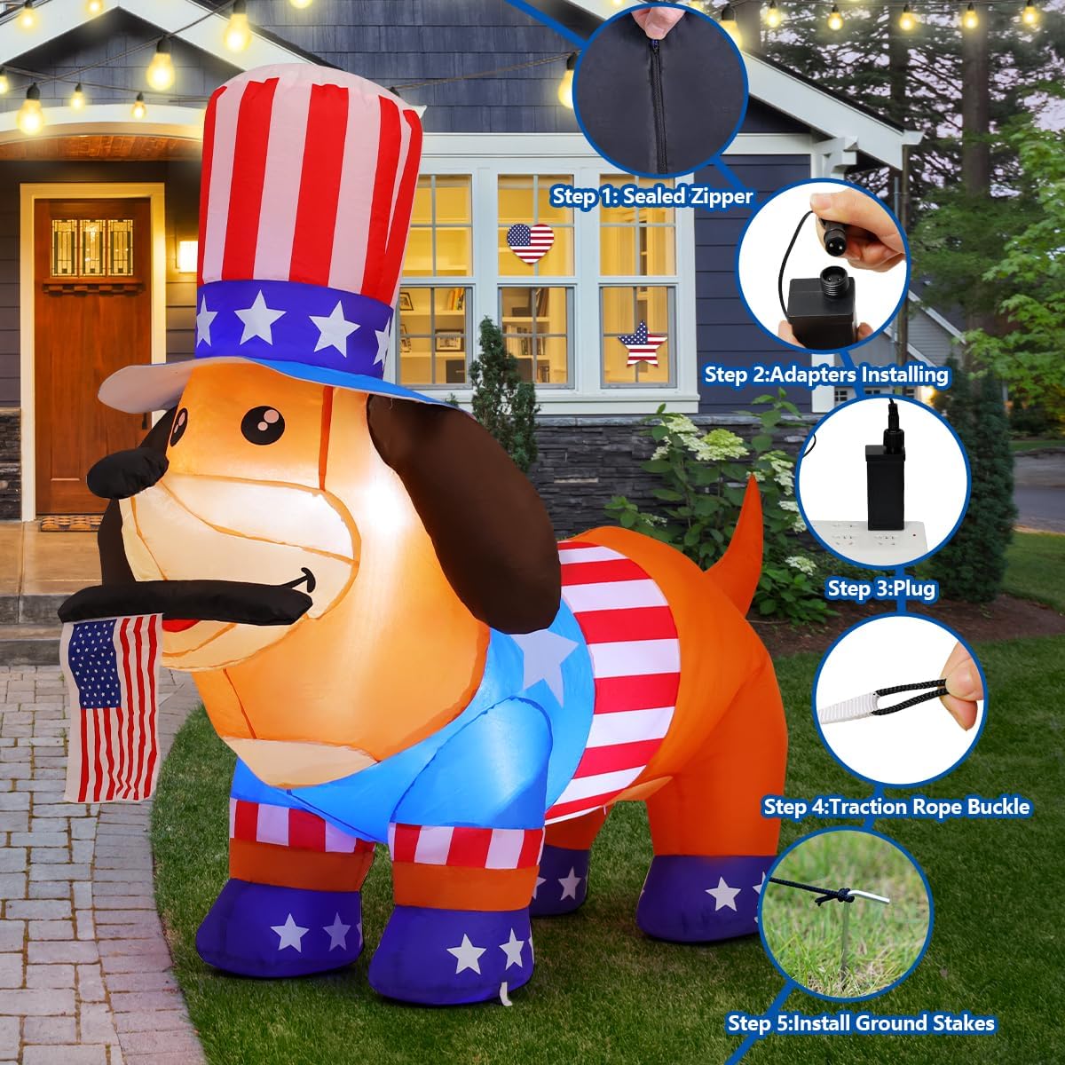 COMIN built-in LED illuminated inflatable dog enhances curb appeal after dark.