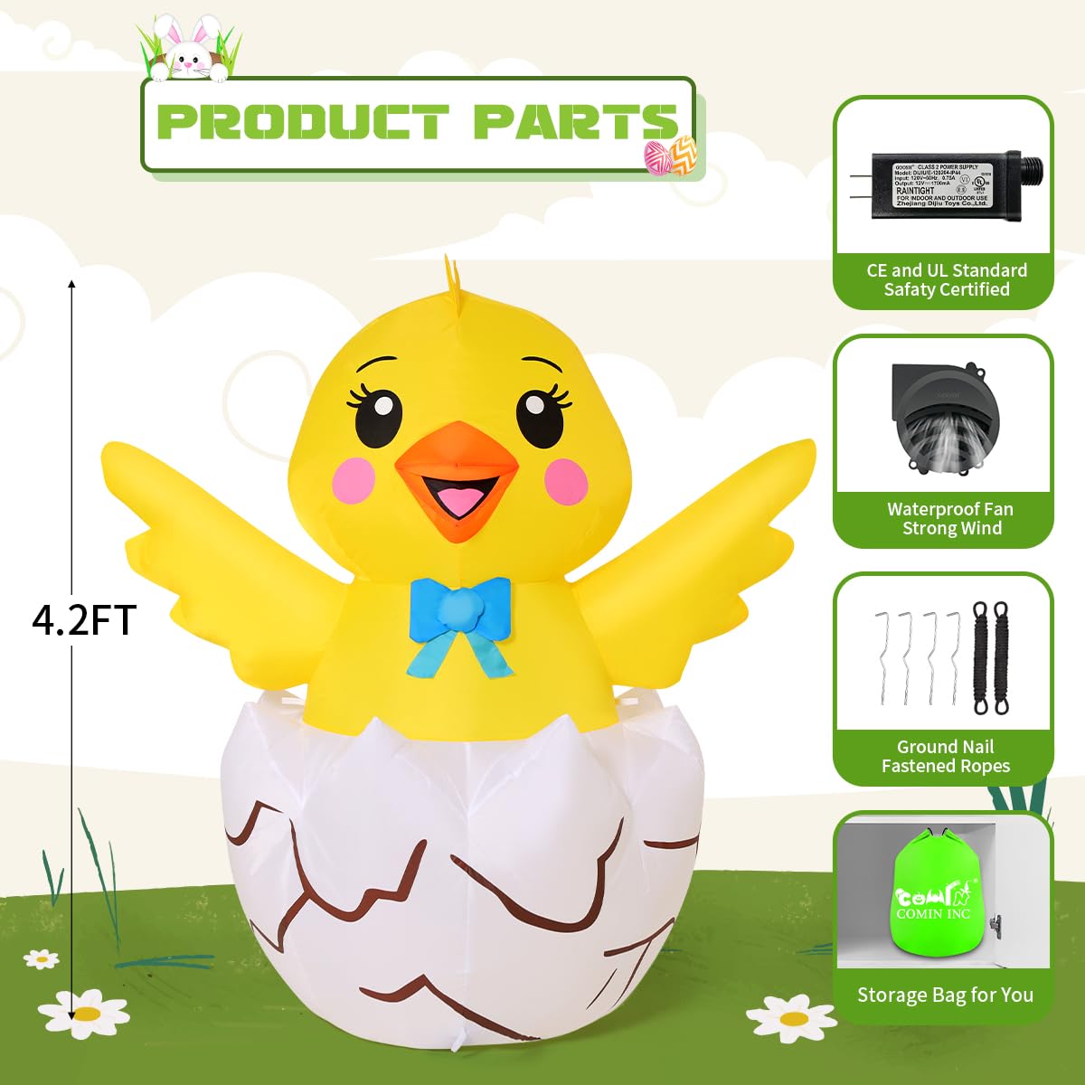COMIN Easter Chick package includes blower, stakes, rope and bag