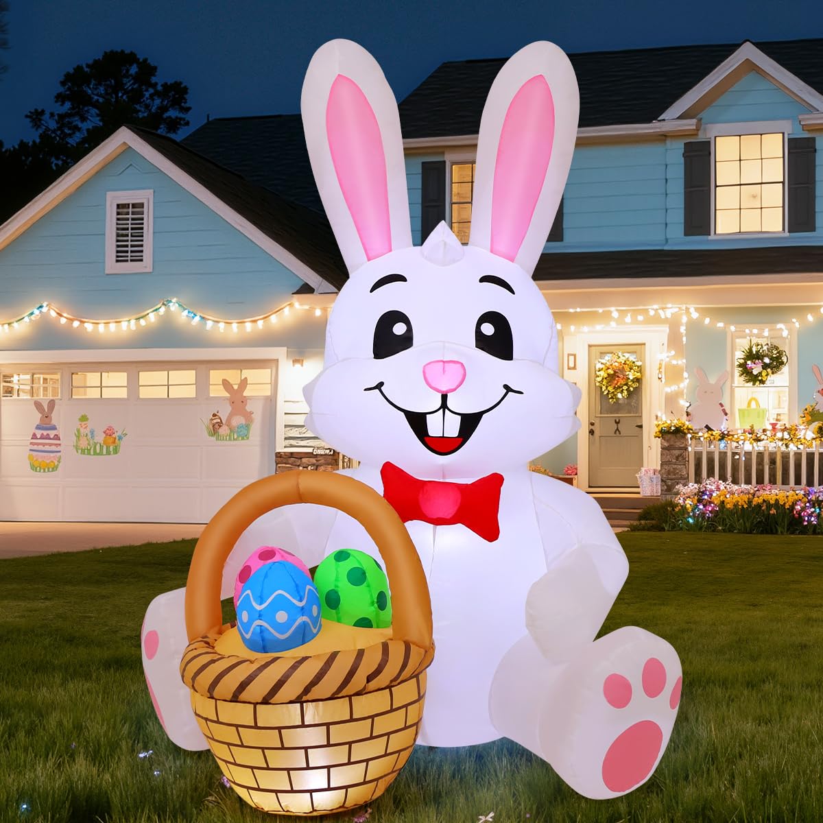 COMIN Easter rabbit inflatable front view with colorful eggs for festive curb appeal