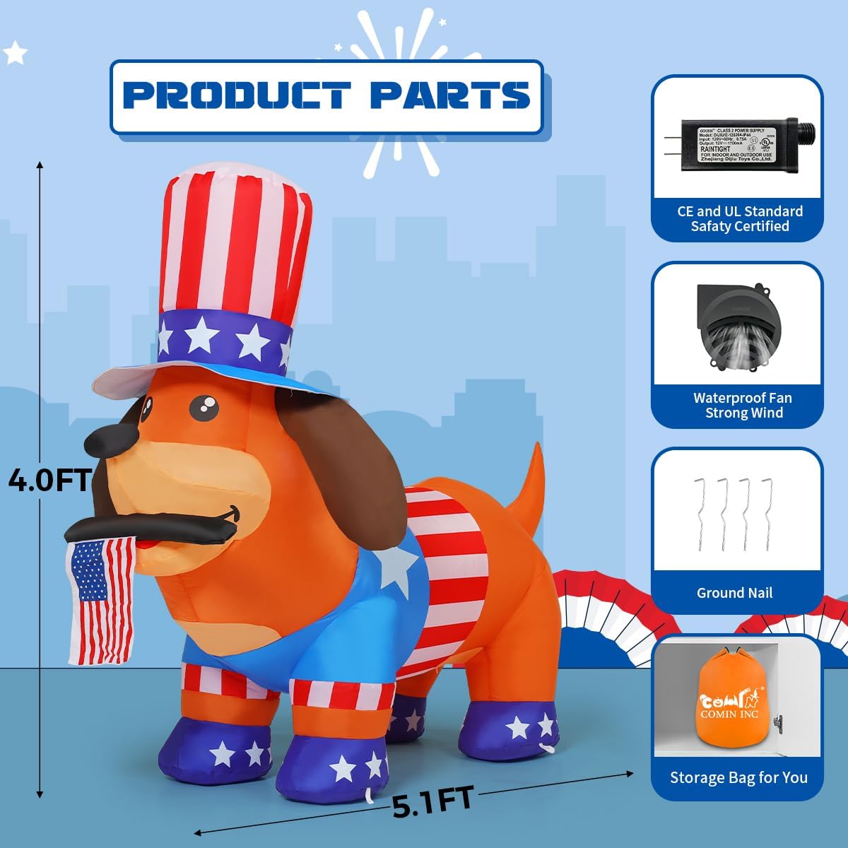 COMIN flag-themed inflatable with built-in LEDs for festive patio celebrations at night.