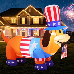 COMIN 5 ft inflatable dachshund with LEDs for outdoor Independence Day display.