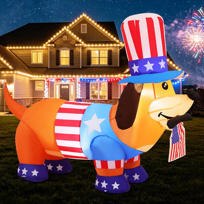COMIN 5 ft inflatable dachshund with LEDs for outdoor Independence Day display.
