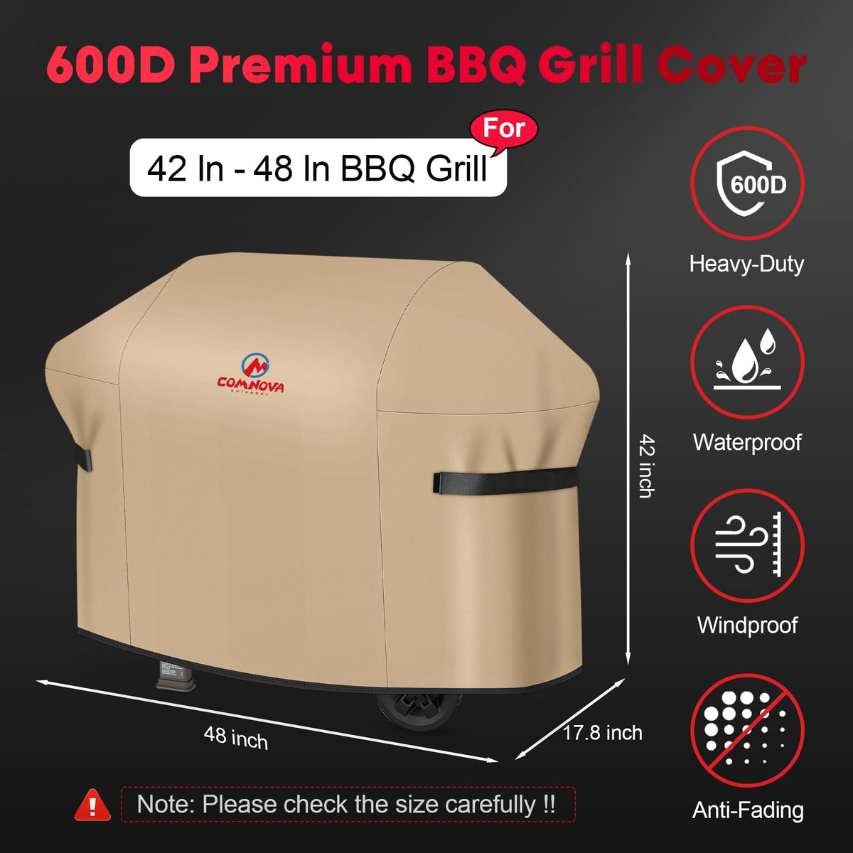 Comnova grill cover side view with adjustable Velcro for a snug fit
