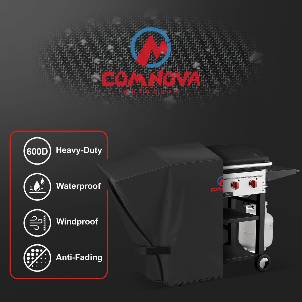 Comnova griddle cover adjustable velcro keeps flat top secure in windy conditions.