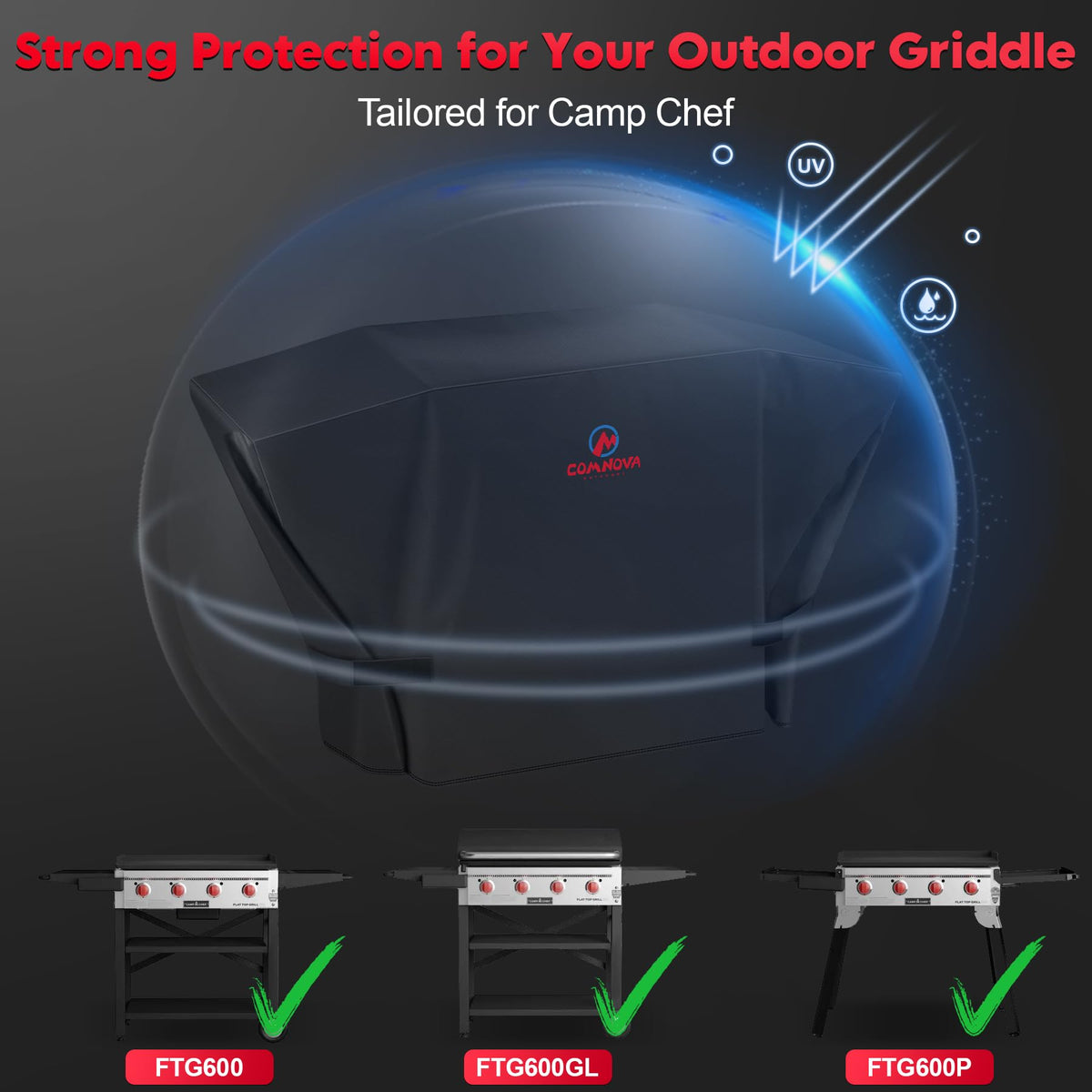 Comnova griddle cover easy-on easy-off design simplifies seasonal grilling.