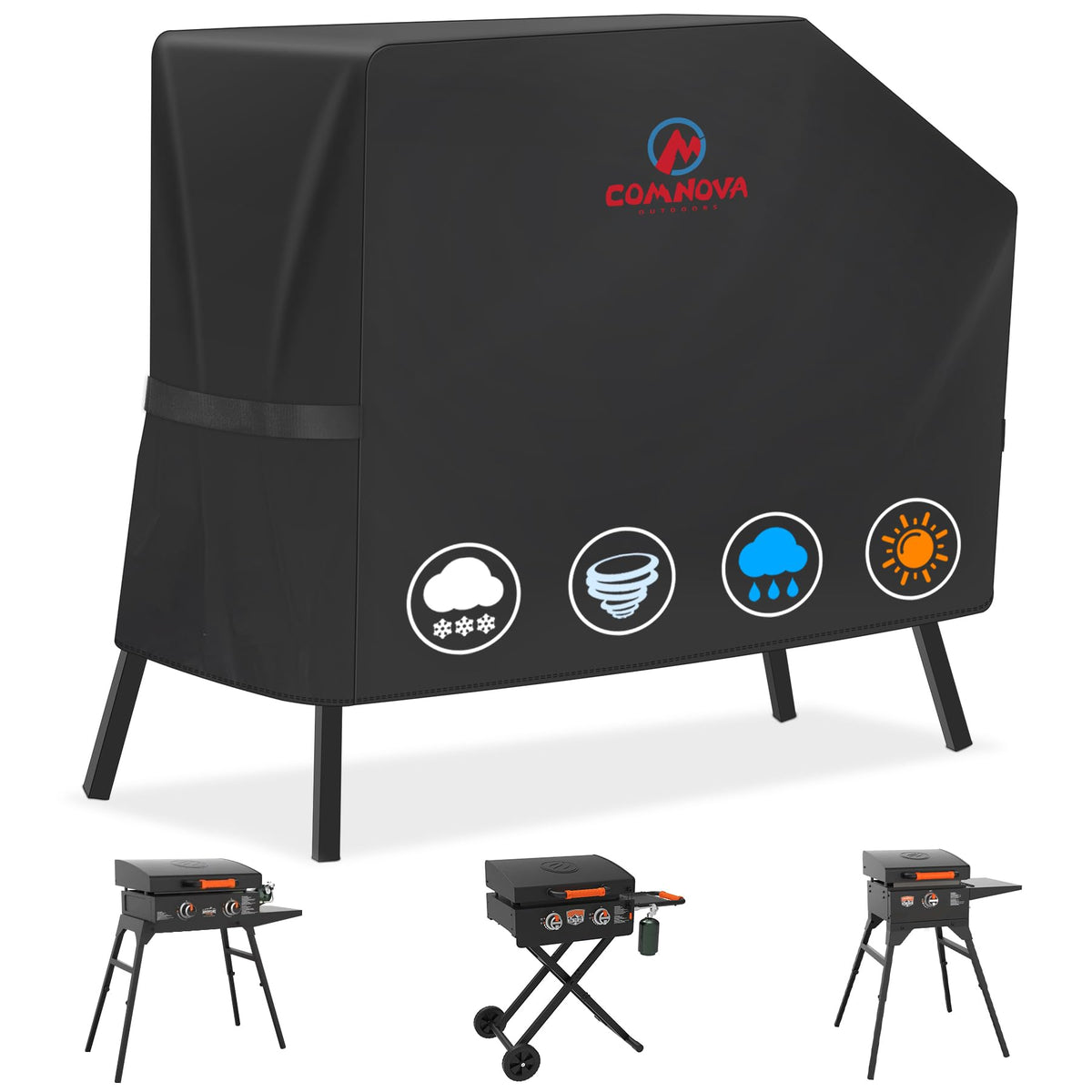 Comnova griddle cover front view shielding a Blackstone griddle from the elements