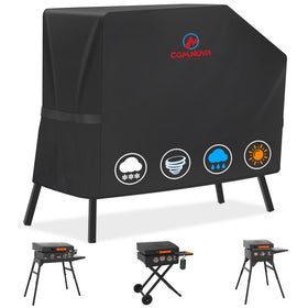 Comnova griddle cover front view shielding a Blackstone griddle from the elements