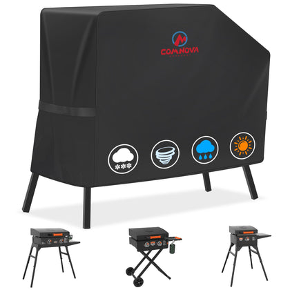 Comnova griddle cover front view shielding a Blackstone griddle from the elements