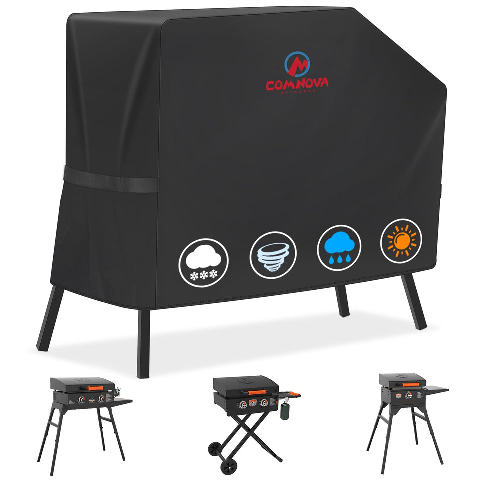 Comnova griddle cover front view shielding a Blackstone griddle from the elements