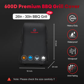 Comnova 30-inch grill cover side view with fold-down trays