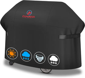 Comnova grill cover 51-inch length protects Weber Spirit 300 series from rain and sun.