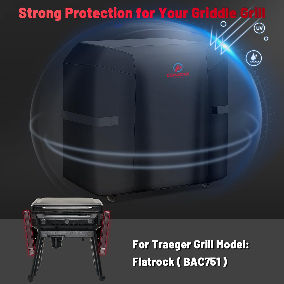 Comnova flat top grill cover shown during a rain shower for weather protection