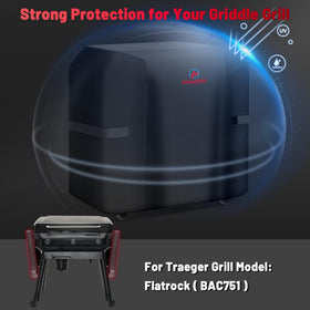 Comnova flat top grill cover shown during a rain shower for weather protection