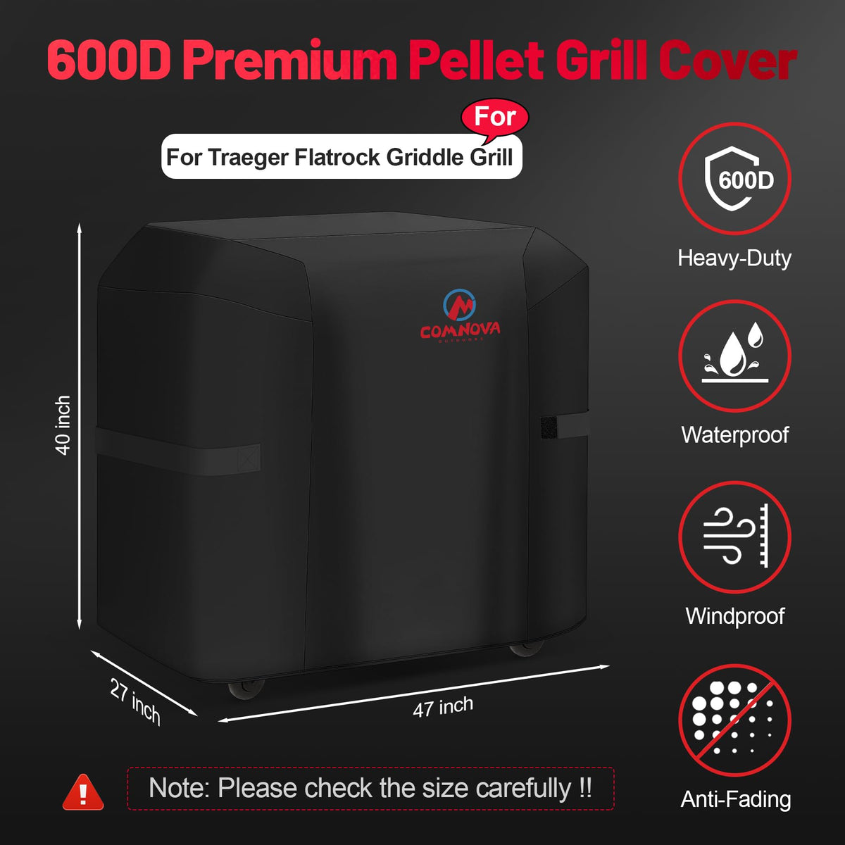 Comnova Traeger Flatrock cover side fit detail keeps grill protected in wind