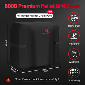 Comnova Traeger Flatrock cover side fit detail keeps grill protected in wind