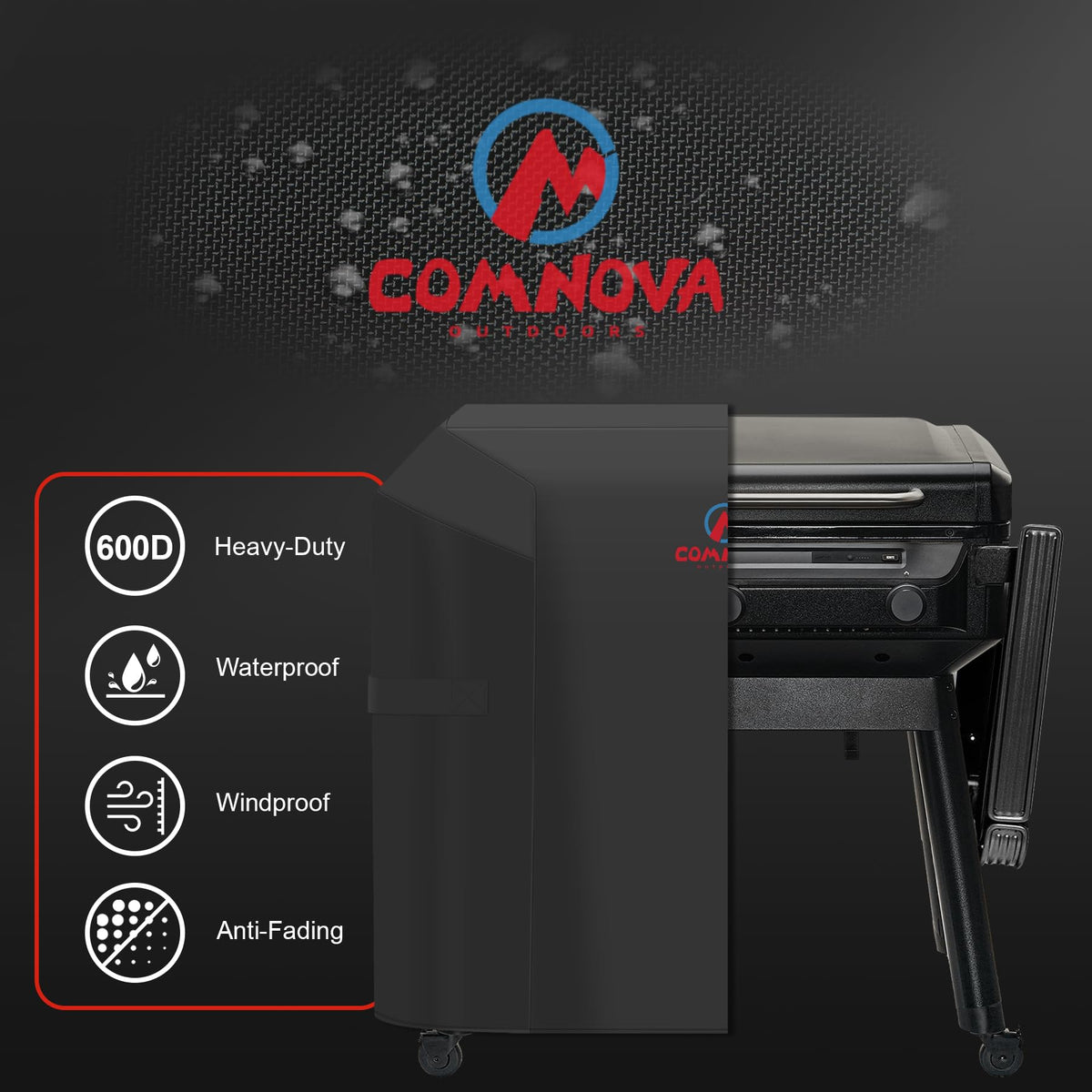 Comnova grill cover waterproof material close up shows 600D strength and breathability