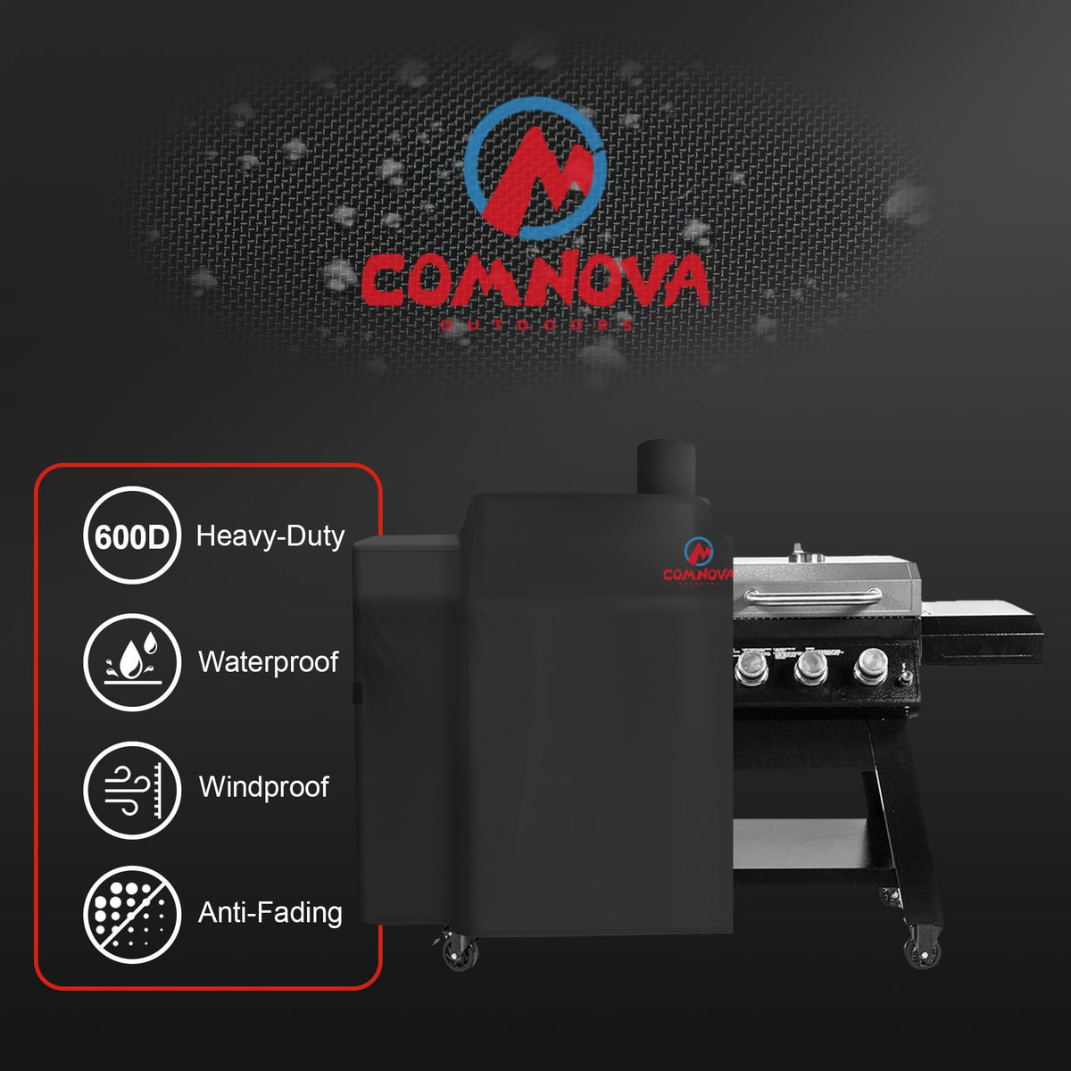 Comnova Outdoors 600D oxford fabric provides durable protection for outdoor grilling.