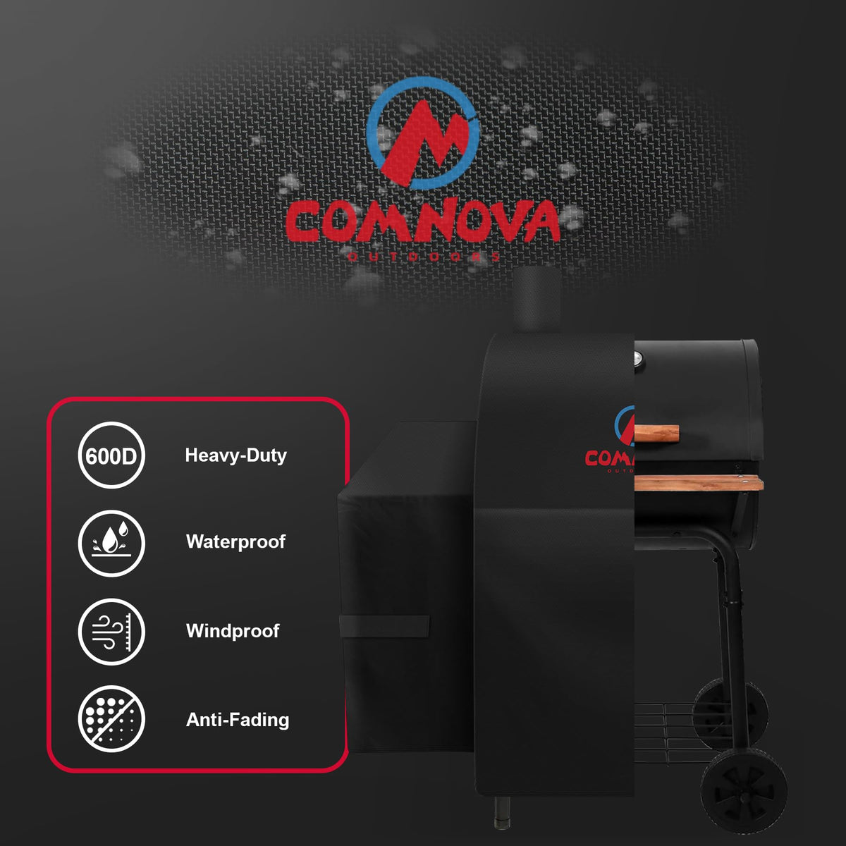 Comnova 600D waterproof coating protects grill from rain and snow.