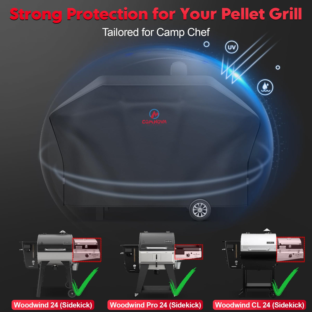 Comnova easy-on/off pellet grill cover for quick setup between cooks.