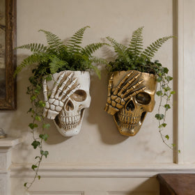 COMODID skull planter Halloween display adds spooky ambience.