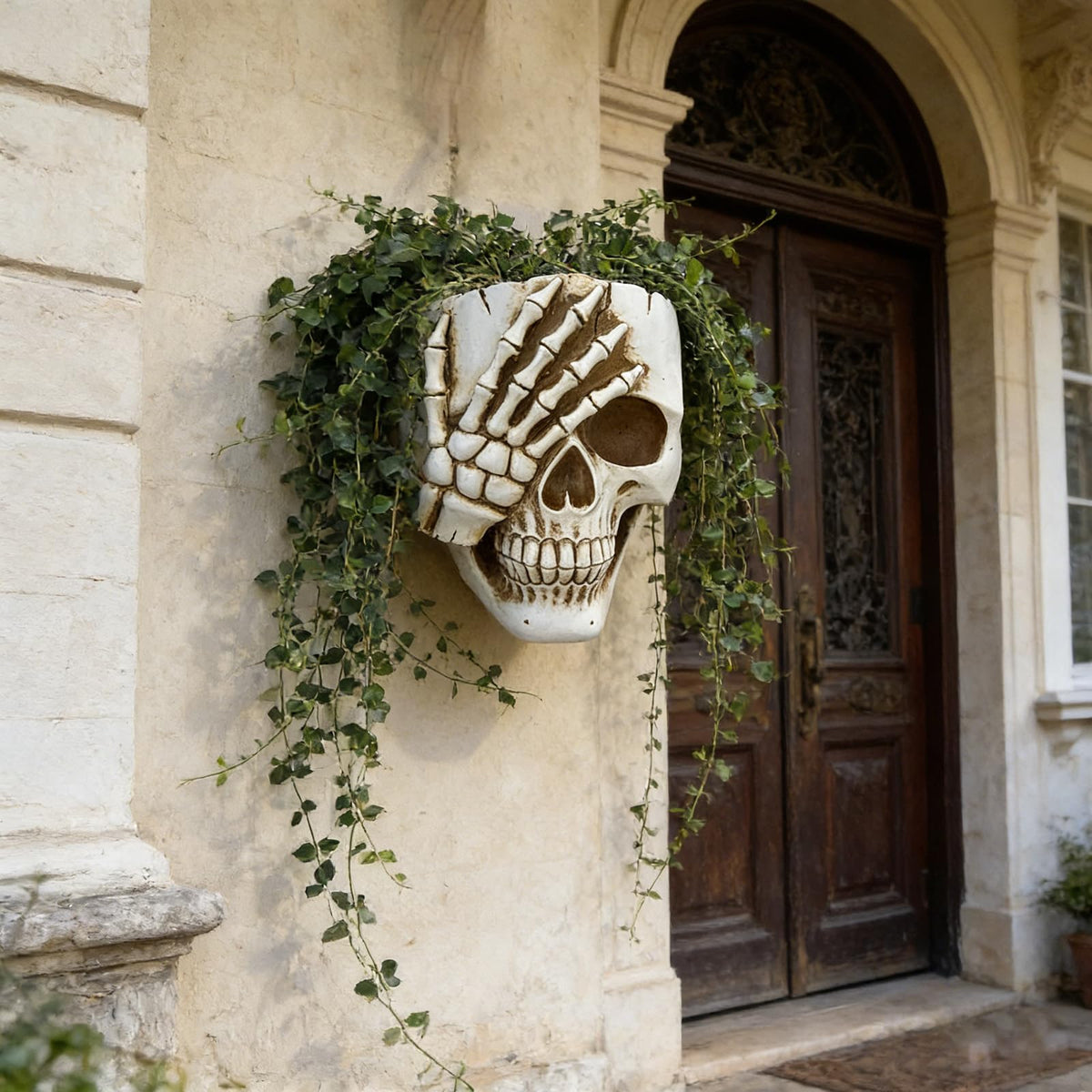 COMODID skull planter side view highlighting lightweight resin and durability.