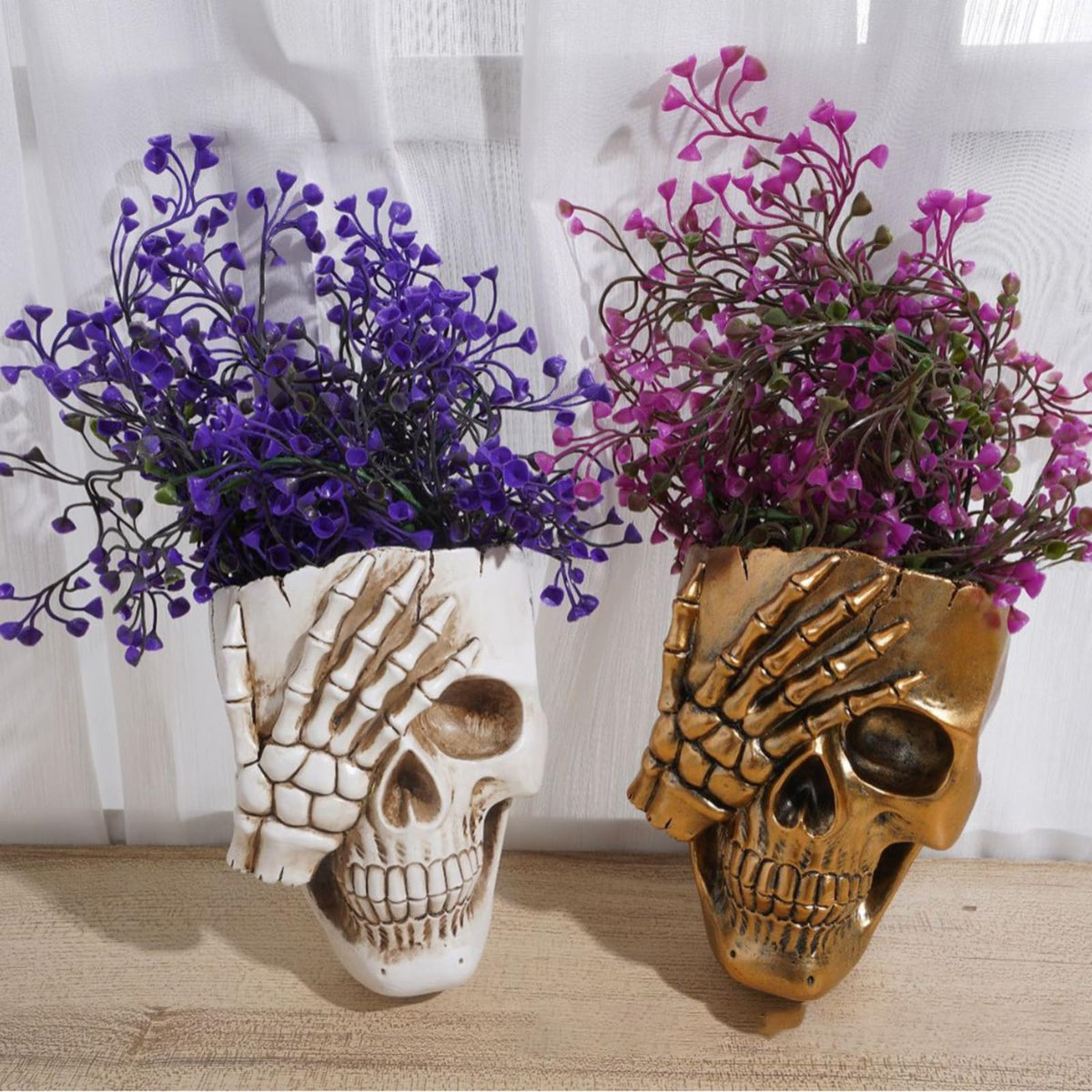 COMODID skull planter with succulents demonstrates easy indoor/outdoor setup.