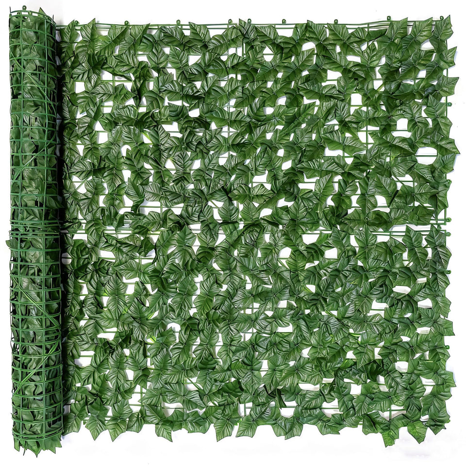 Comtelek privacy fence screen with artificial ivy for full-length balcony privacy.
