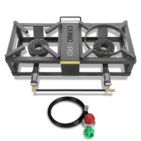 Concord Block Burner Max front view shows dual propane setup for versatile outdoor cooking.