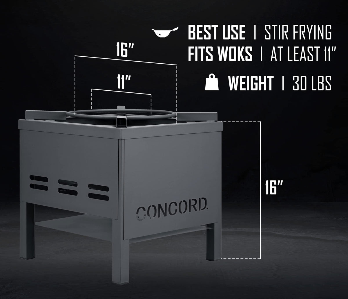 Concord cast-iron burner head delivering durable, even flame.