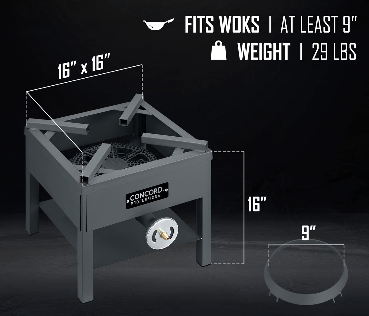 Concord removable wok ring enables use with rounded woks and paella pans