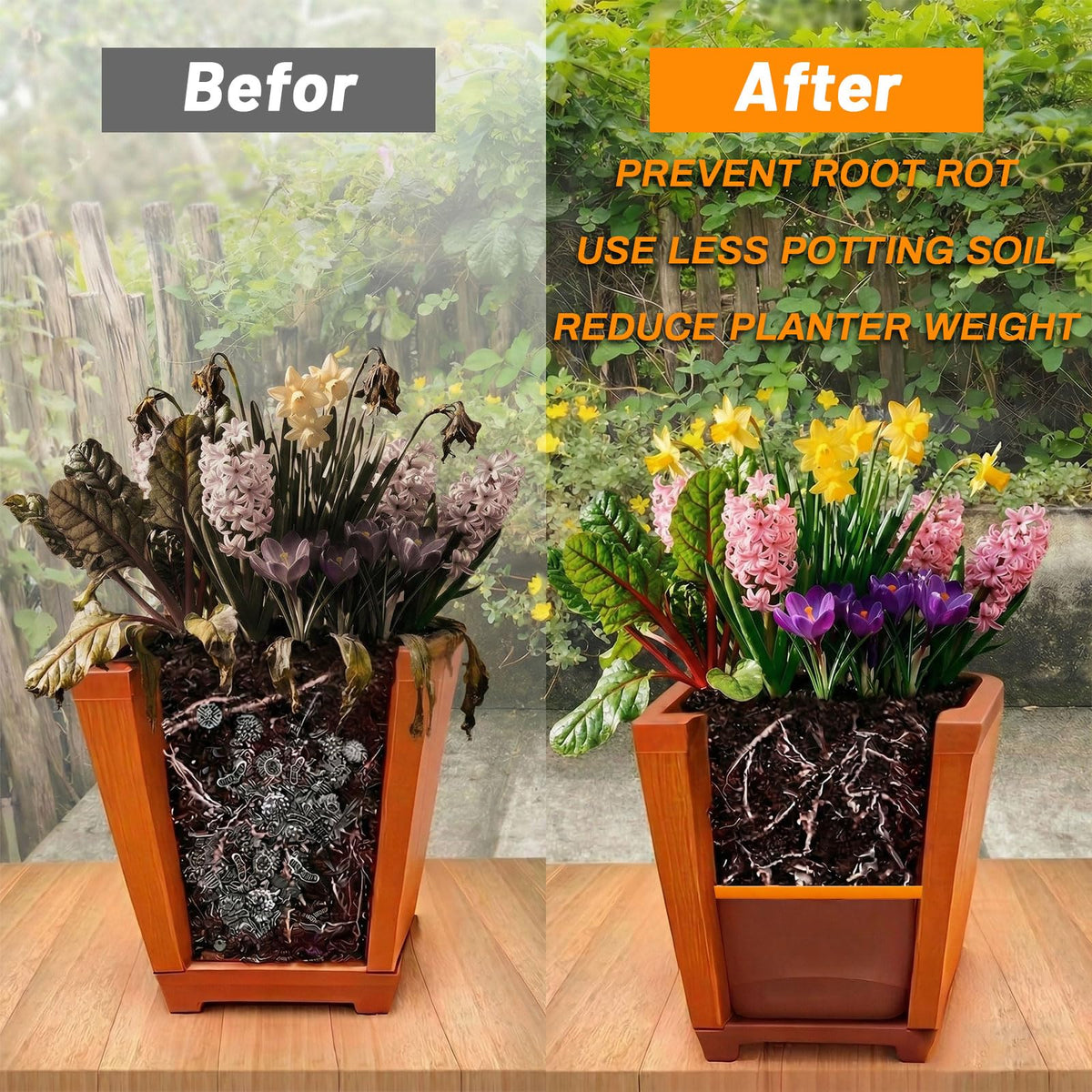 Lightweight soil-saving planter insert reduces soil usage and weight.